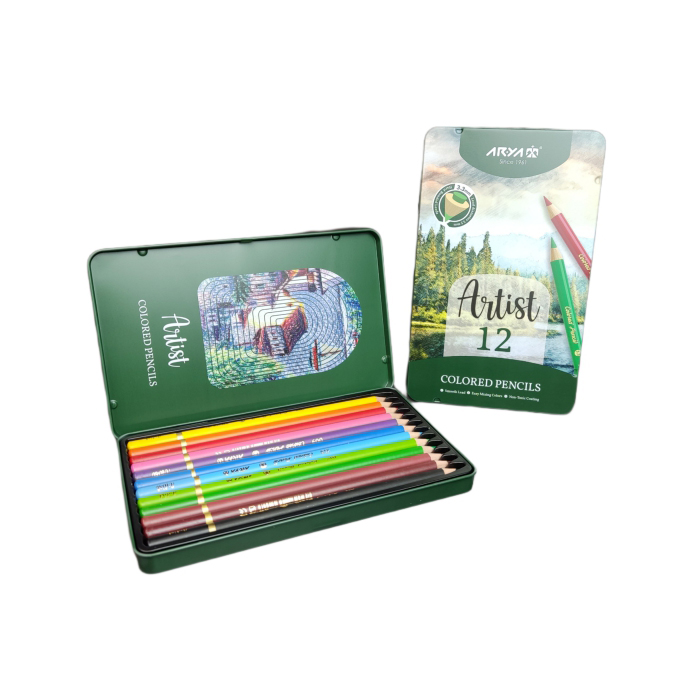مداد رنگی آرتيست 12 رنگ جعبه فلزی آريا
