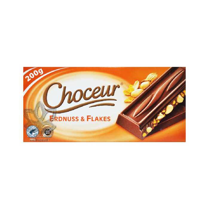 شکلات با بادام زمینی کامل و کورن فلیکس 200 گرم شوکور - choceur