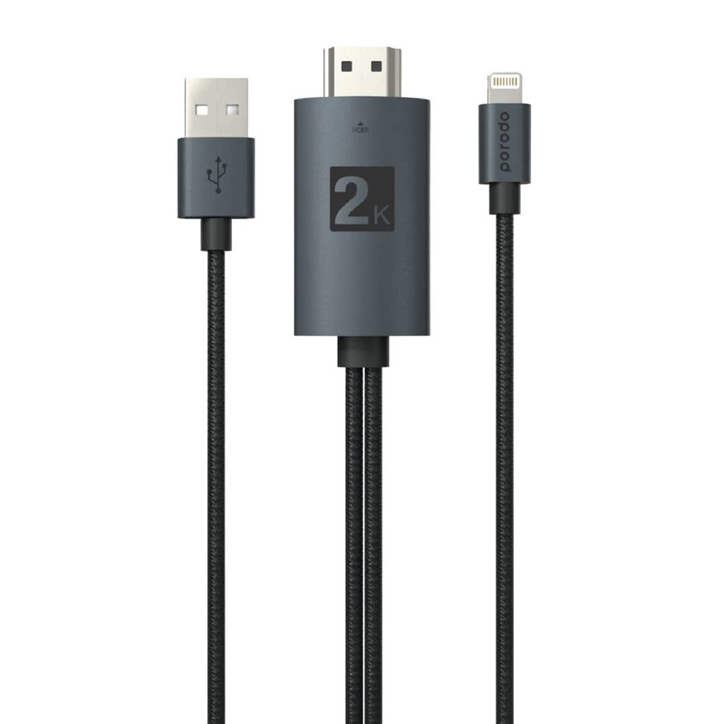 کابل تبدیل لاتنینگ به HDMI پرودو مدل Porodo Braided 2K HDMI Lightning Cable 2M PD-ABHDL2
