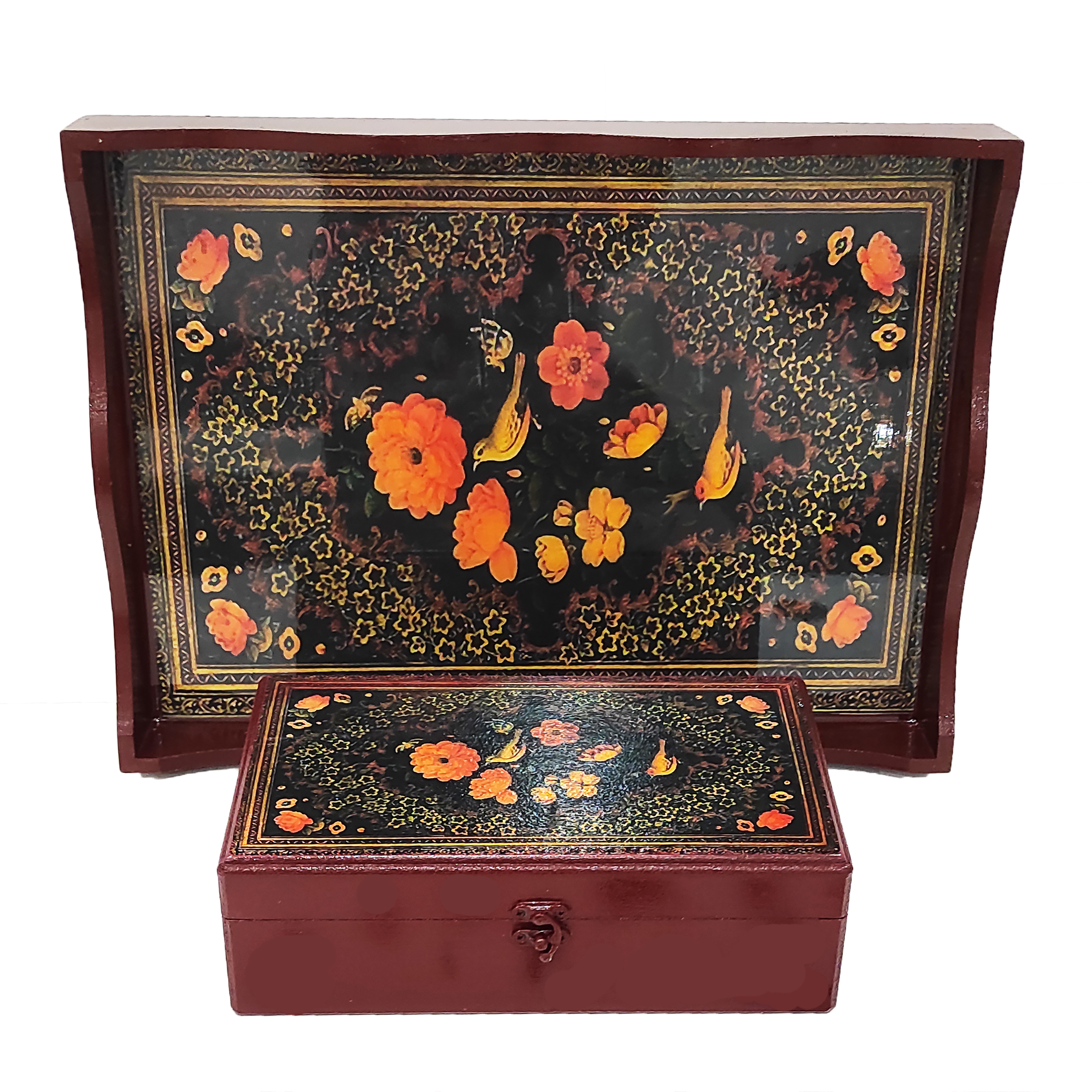 جعبه پذیرایی طرح گل و مرغ کد 1540 به همراه سینی