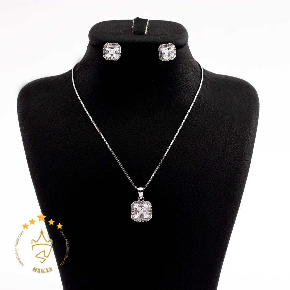 نیم ست نقره طرح نگین مربع | HG 342