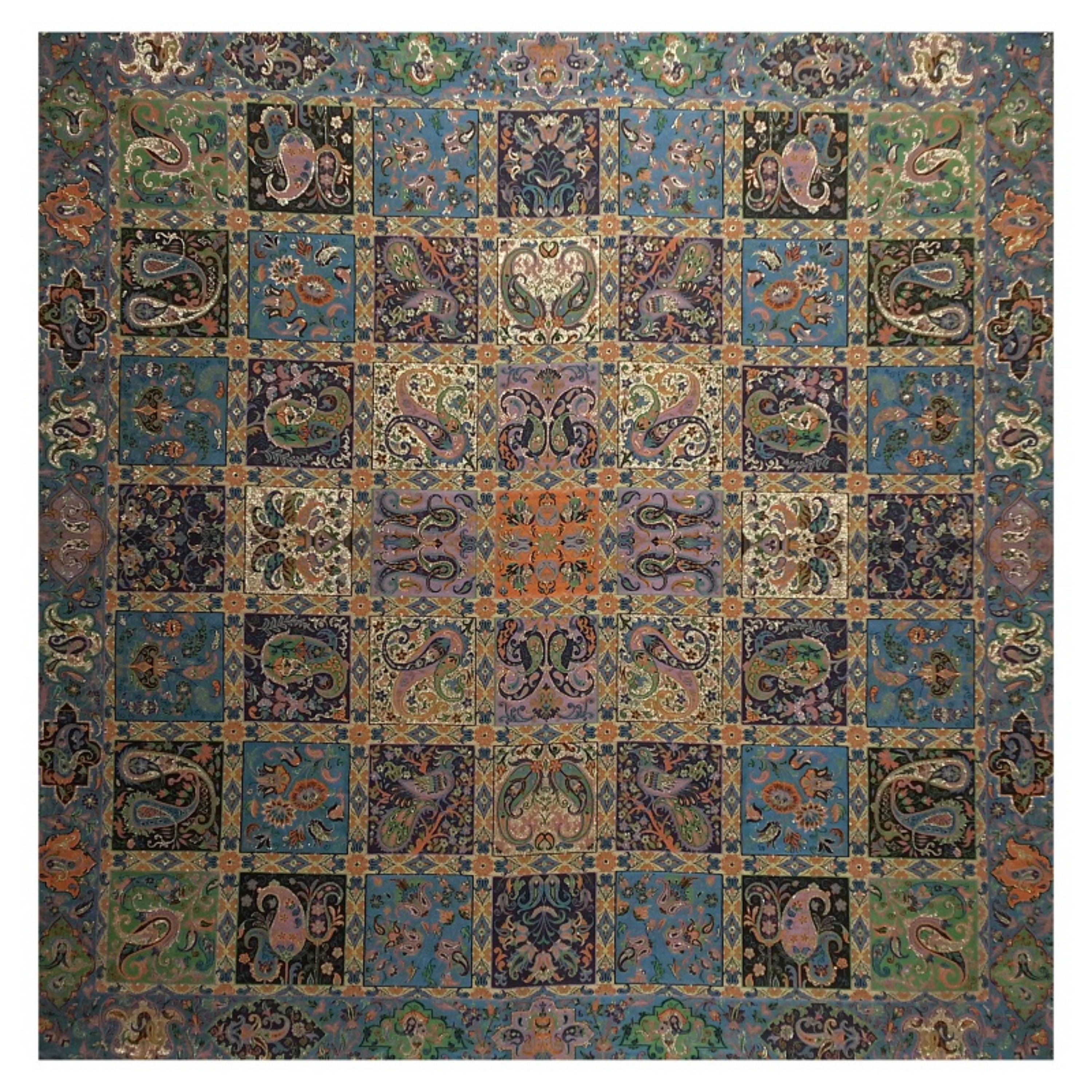 رومیزی ترمه مربع ابریشم  کد TRM73  رنگ آبی  آستر آبی