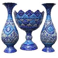  ست آجیل خوری و گلدان میناکاری مسی ارتفاع 25 سانتی اثر استاد قاسمی