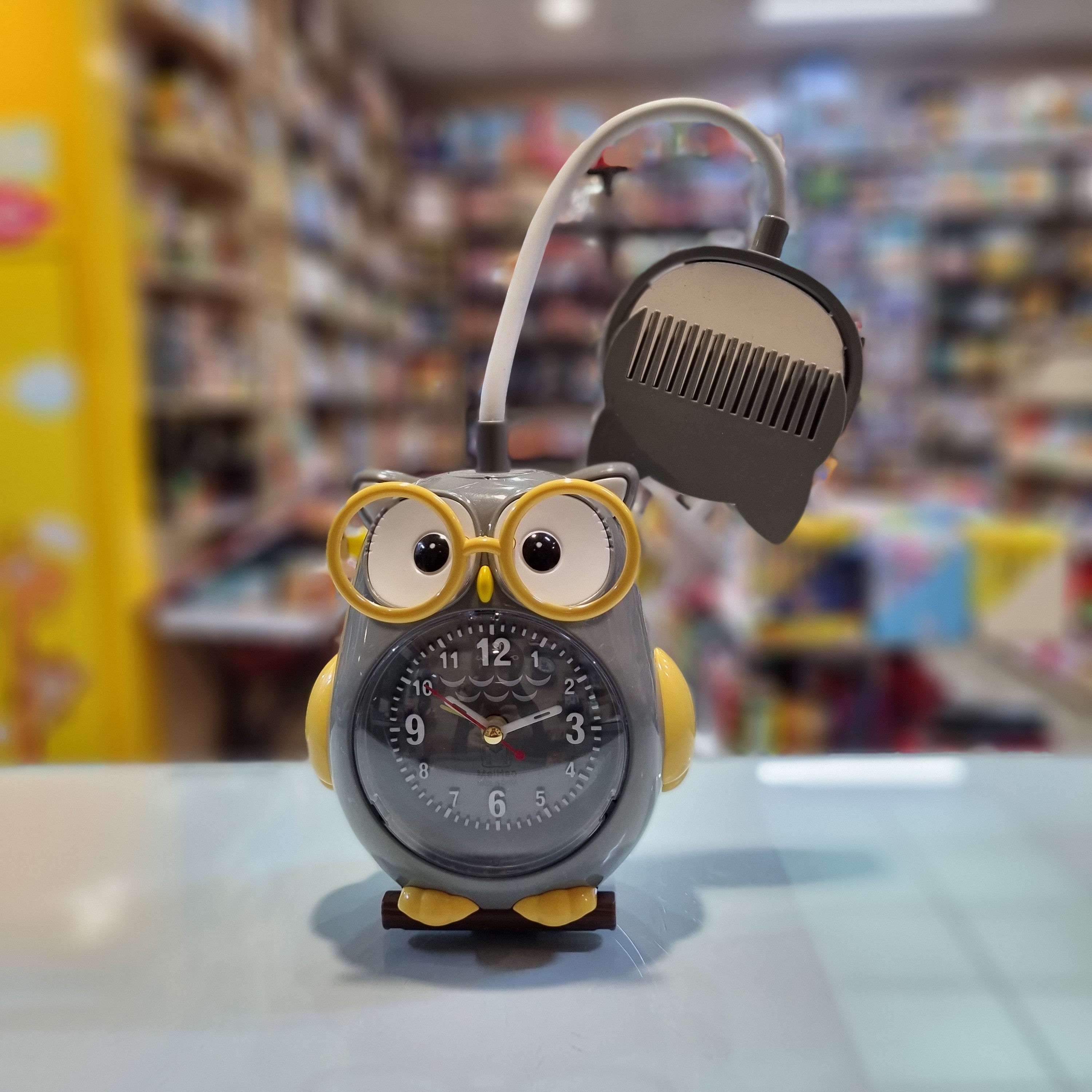 چراغ مطالعه ساعت دار فانتزی اتاق کودک طرح جغد عینکی همراه با شانه