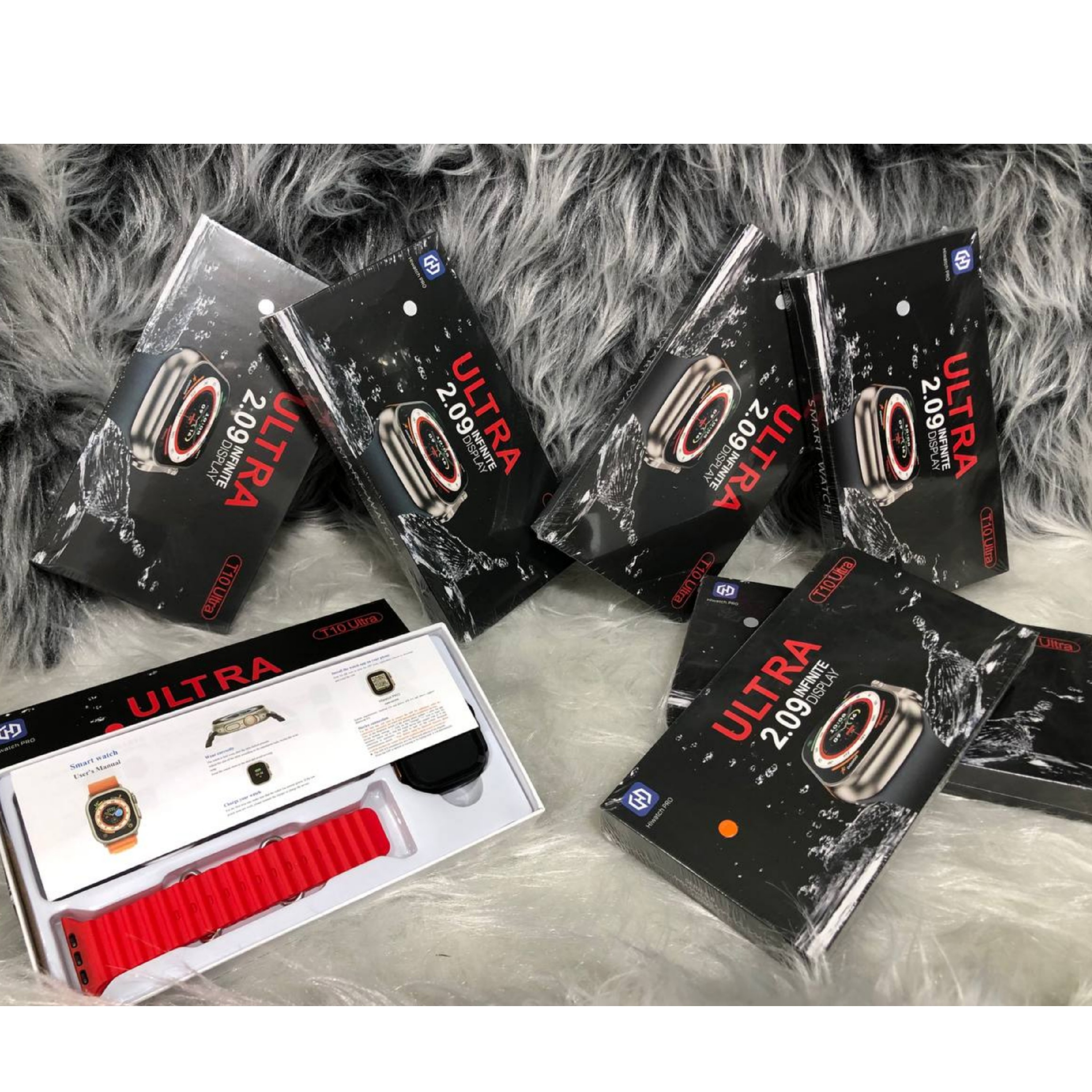 ساعت هوشمند t10 ultra در رنگبندی قرمز سفید نارنجی و نقره ای