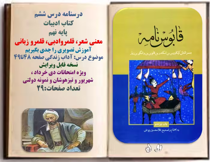 پاورپوینت درسنامه درس ششم کتاب ادبیات، پایه نهم معنی شعر، قلمروادبی، قلمرو زبانی