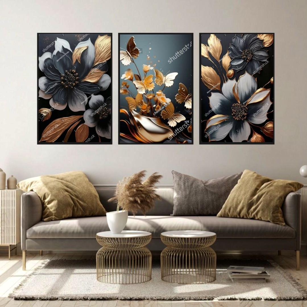 تابلو دکوراتیو گلهای خاکستری وطلایی لوکس سه تکه 