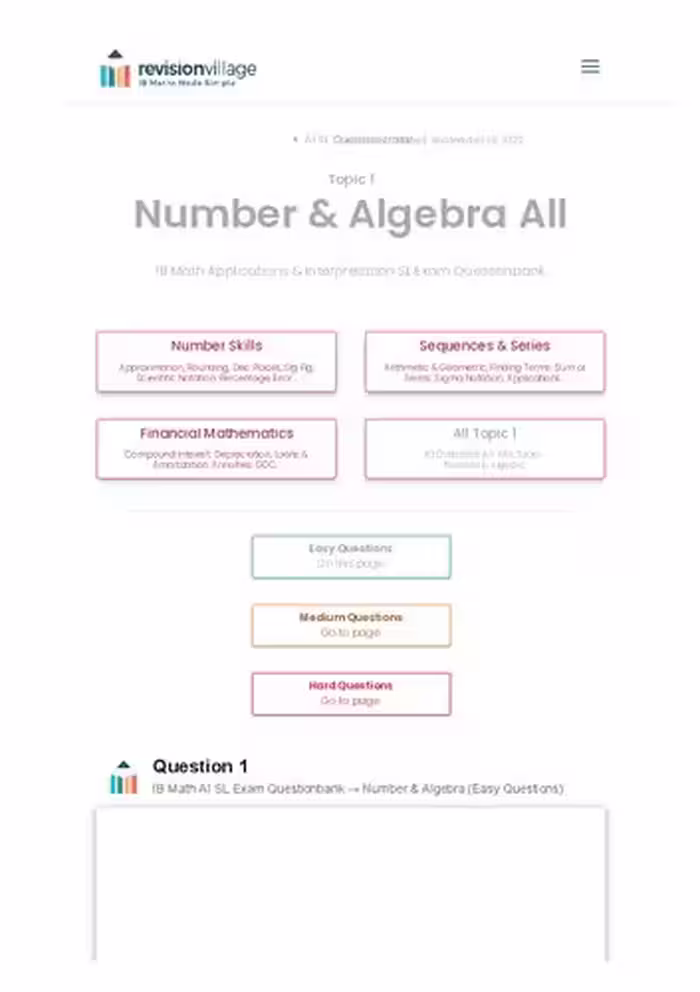 خرید و دانلود نسخه کامل کتاب Revision village Math AI SL - Number &amp; Algebra - Easy Difficulty Questionbank