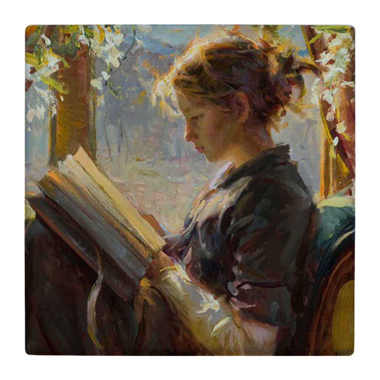 کاشی کارنیلا طرح بانوی کتابخوان کنار پنجره کد wk4642