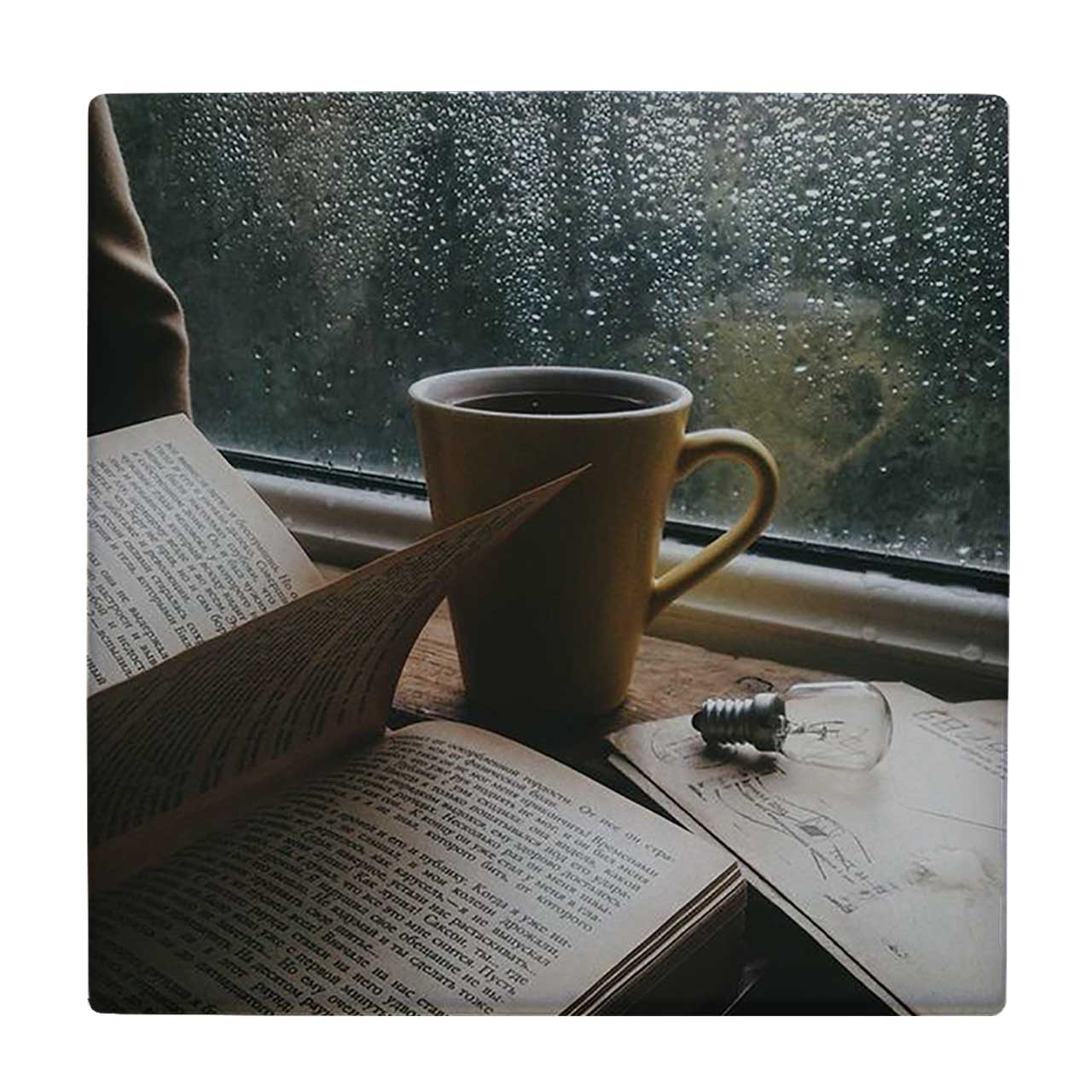  کاشی کارنیلا طرح لیوان کاپوچینو و کتاب پشت پنجره مدل لوحی کد WKB478