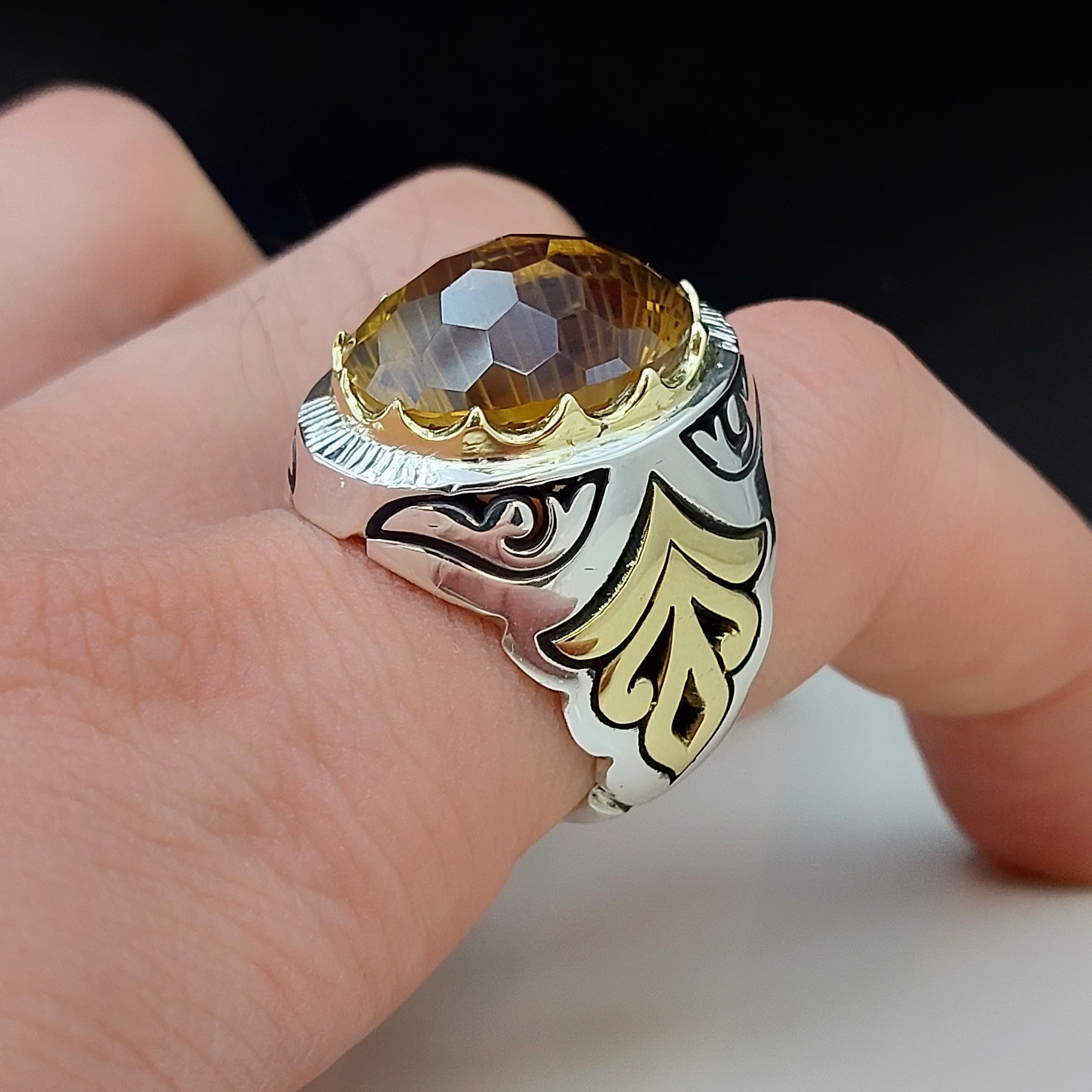 انگشتر نقره مردانه دستساز سیترین عسلی تراش لیزری با عیار نقره 925 