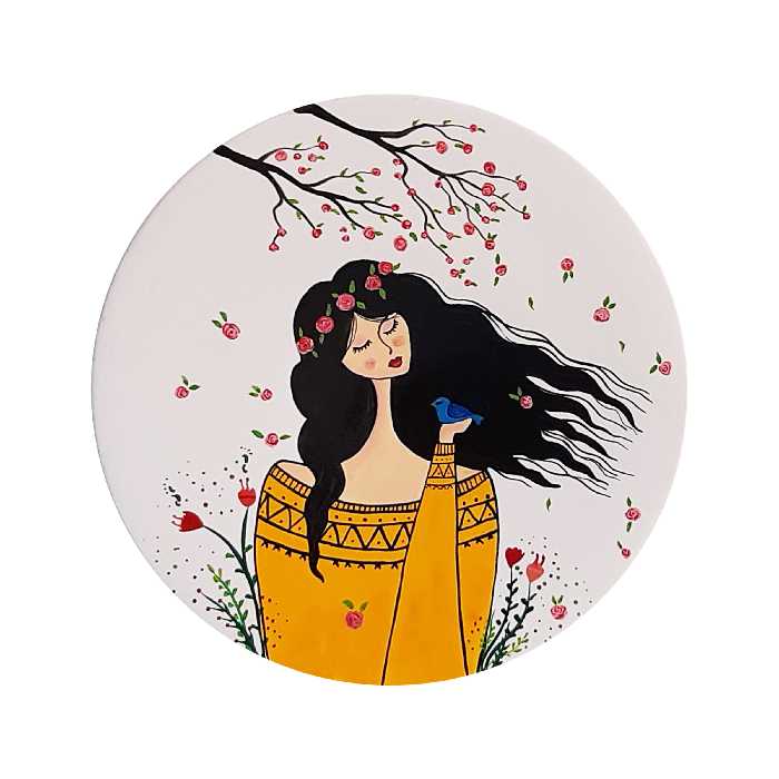 بشقاب دیوارکوب سفالی طرح دختر و پرنده کد D192