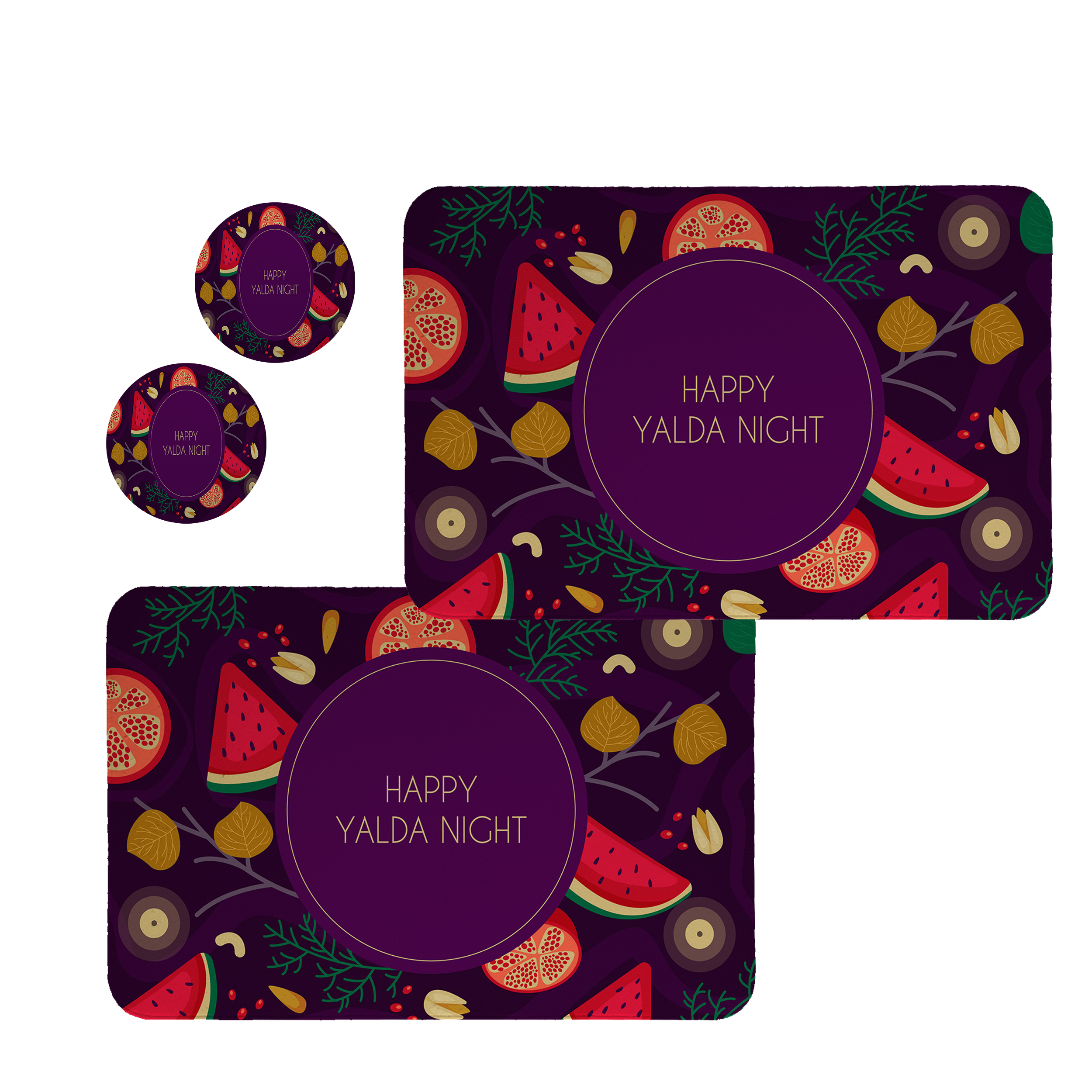 زیربشقابی طرح یلدا مبارک کد 8421 مجموعه 2 عددی همراه زیر لیوانی