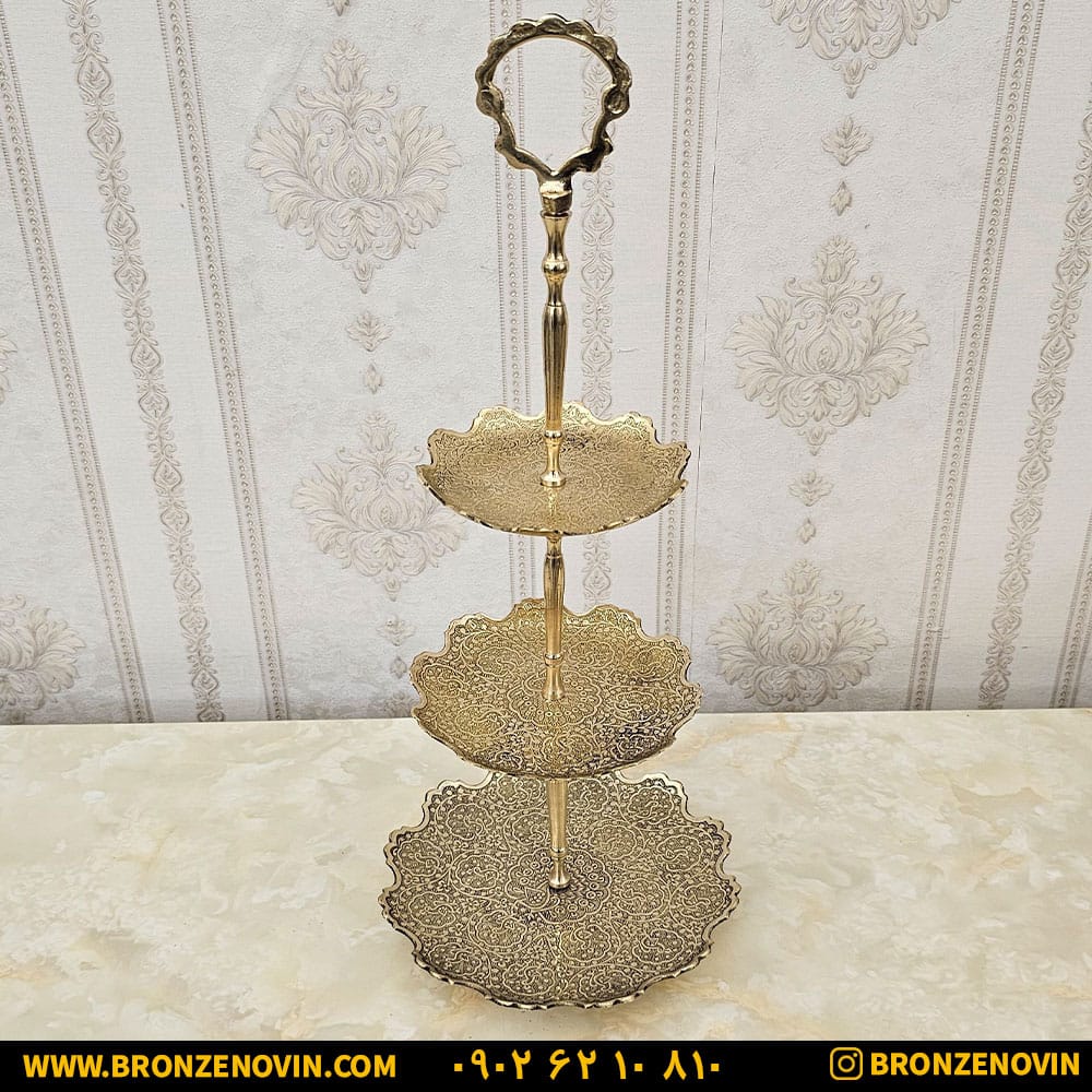 شیرینی خوری برنزی هندی مدل طاووس قلعه سه طبقه کد 3613