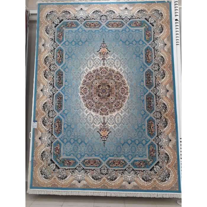 فرش ماشینی 1200 شانه اصل تراکم 3600 طرح هالیدی زمینه آبی 12 متری جنس اکرولیک