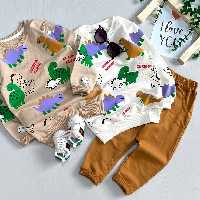 ست بلوز و شلوار اسپورت شیک و زیبا مناسب حدود سنی 18 ماه تا 9 سال طرح جذاب دایناسور جنس دورس پنبه لاکرادار عالی 