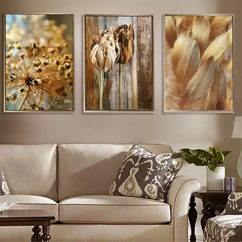 تابلو دکوراتیو طلایی  پر و قاصدک سه تیکه منظم سه عدد35 در 50 | دنیای قاب