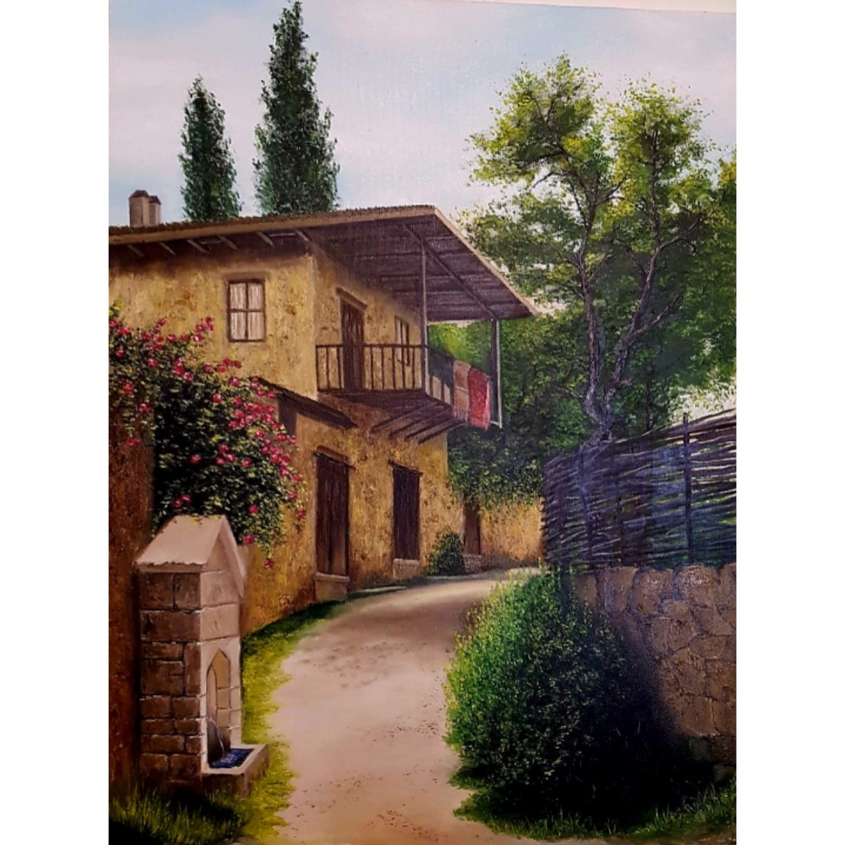 تابلو نقاشی رنگ روغن مدل طبیعت طرح کوچه روستایی کد 06