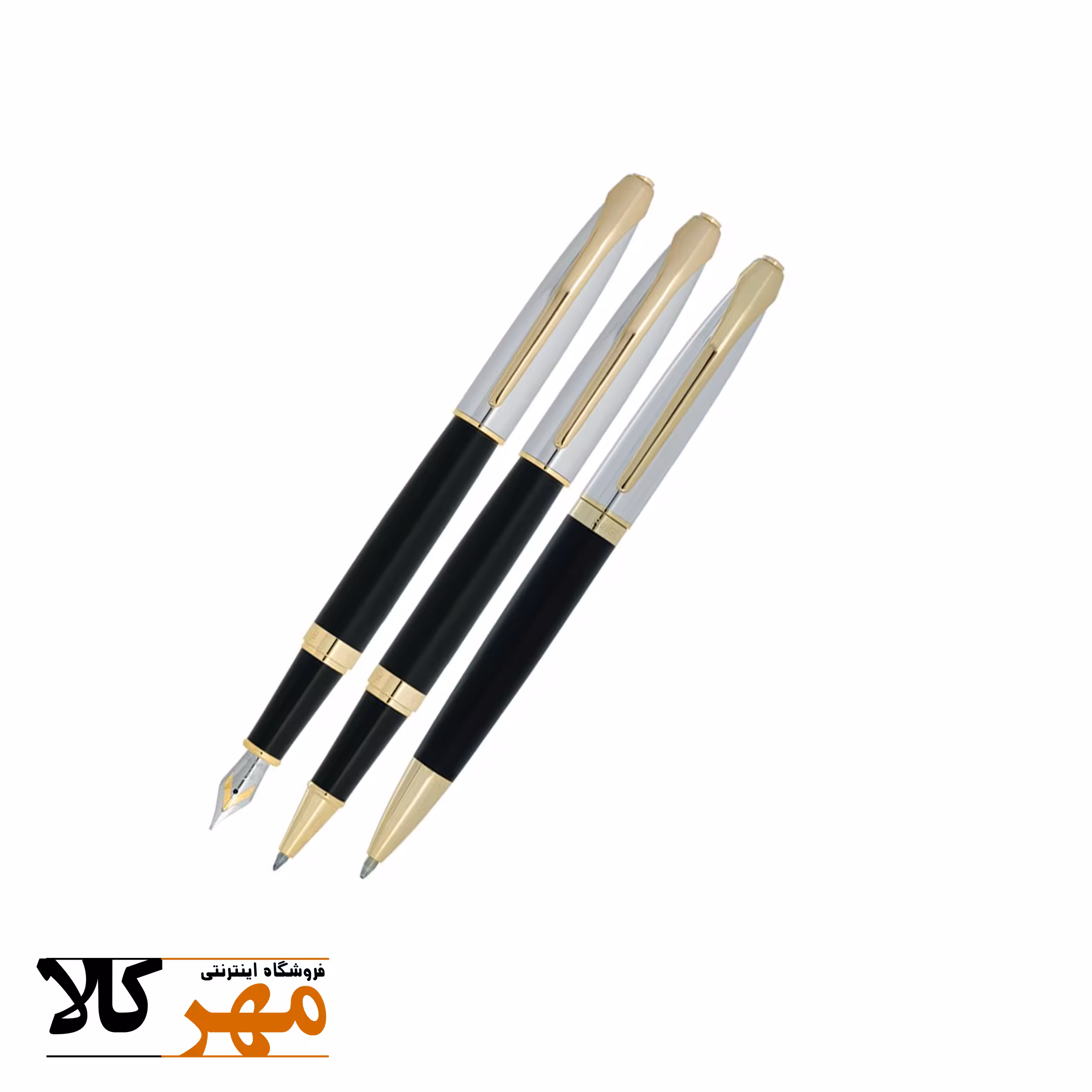 قلم ست خودکار،روان نویس و خودنویس نیمه کروم مشکی مات گیره زرد EUROPEN مدل RING