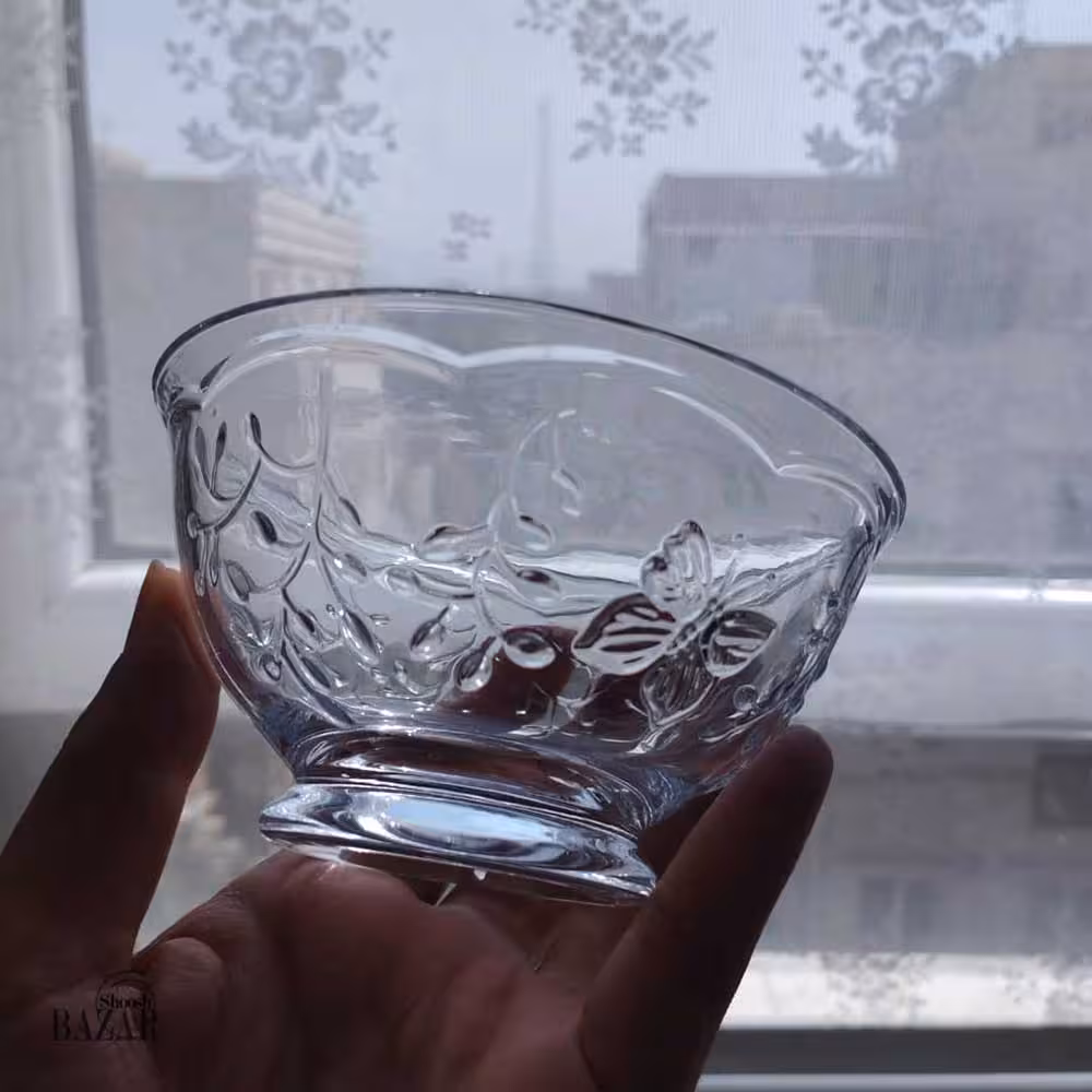 پیاله شیشه ای پل و پروانه برجسته چین