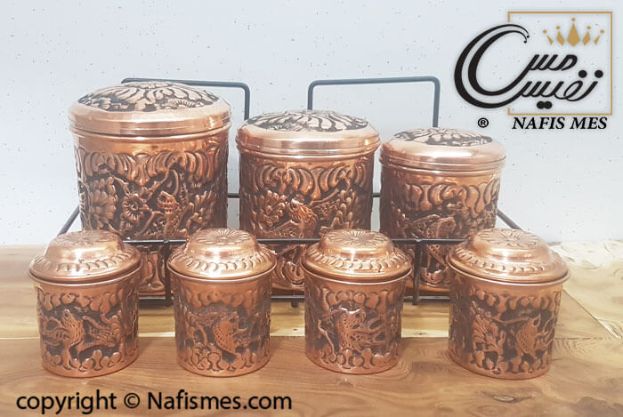 جا ادویه مسی سیاه قلم طرح گل و مرغ