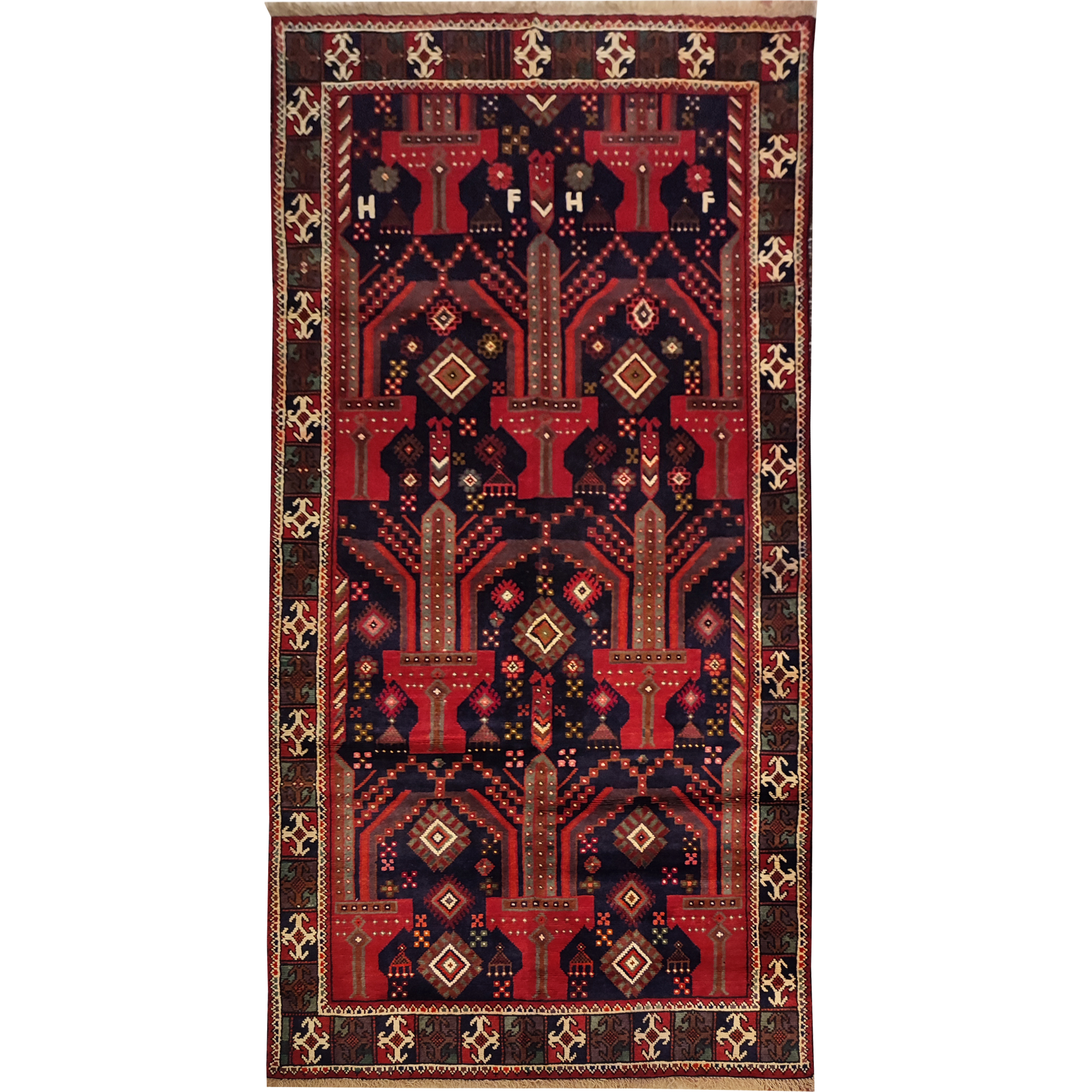 فرش قدیمی دستبافت کناره به طول سه متری طرح بلوچ کد 109