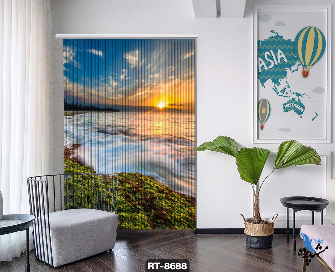 پرده شرشره تصویری طرح غروب آفتاب ساحل RT8688