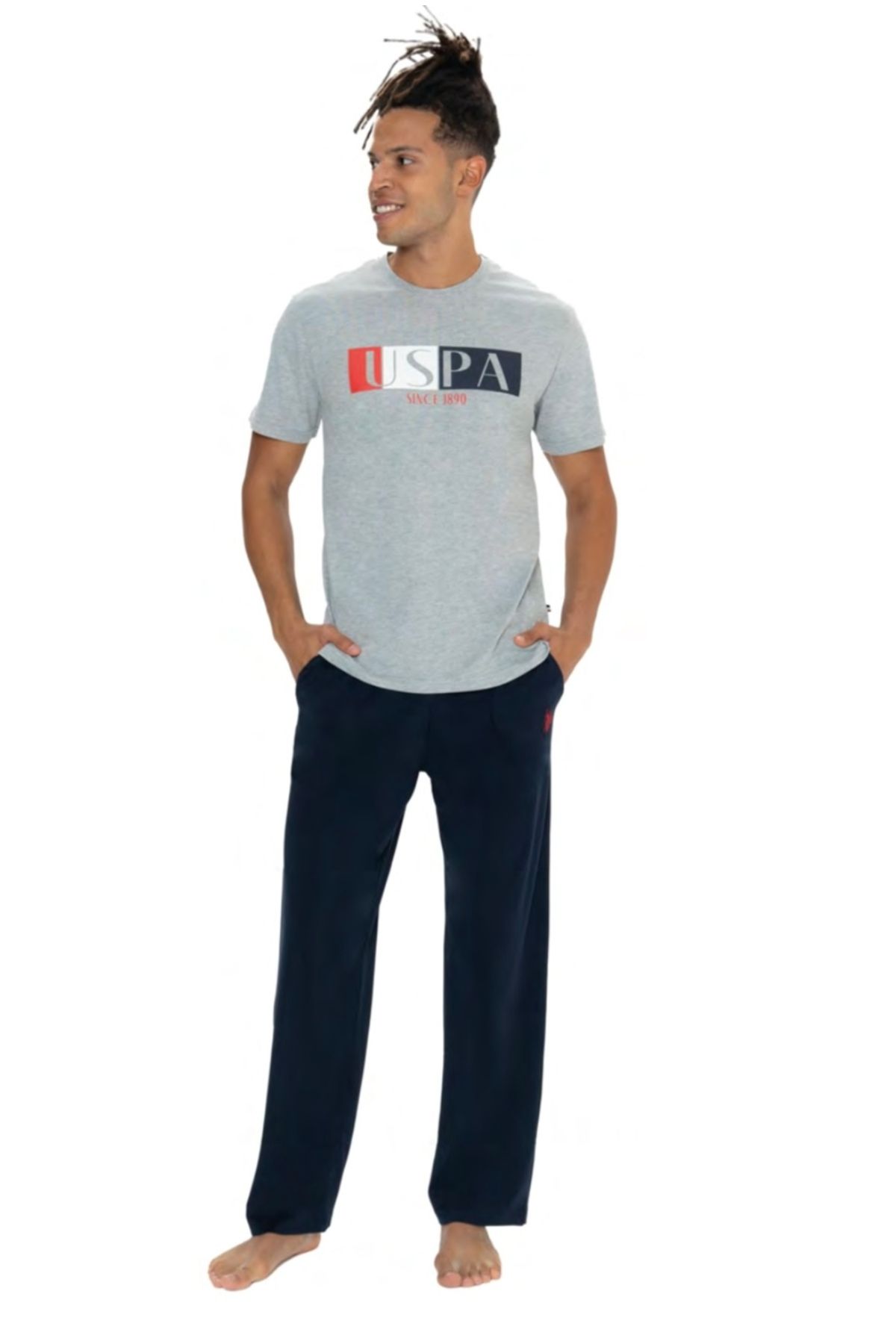 ست پیژامه خاکستری مردانه مجموعه لباس خواب گرد یقه گردی دارای مجوز اصلی U.S. Polo Assn.