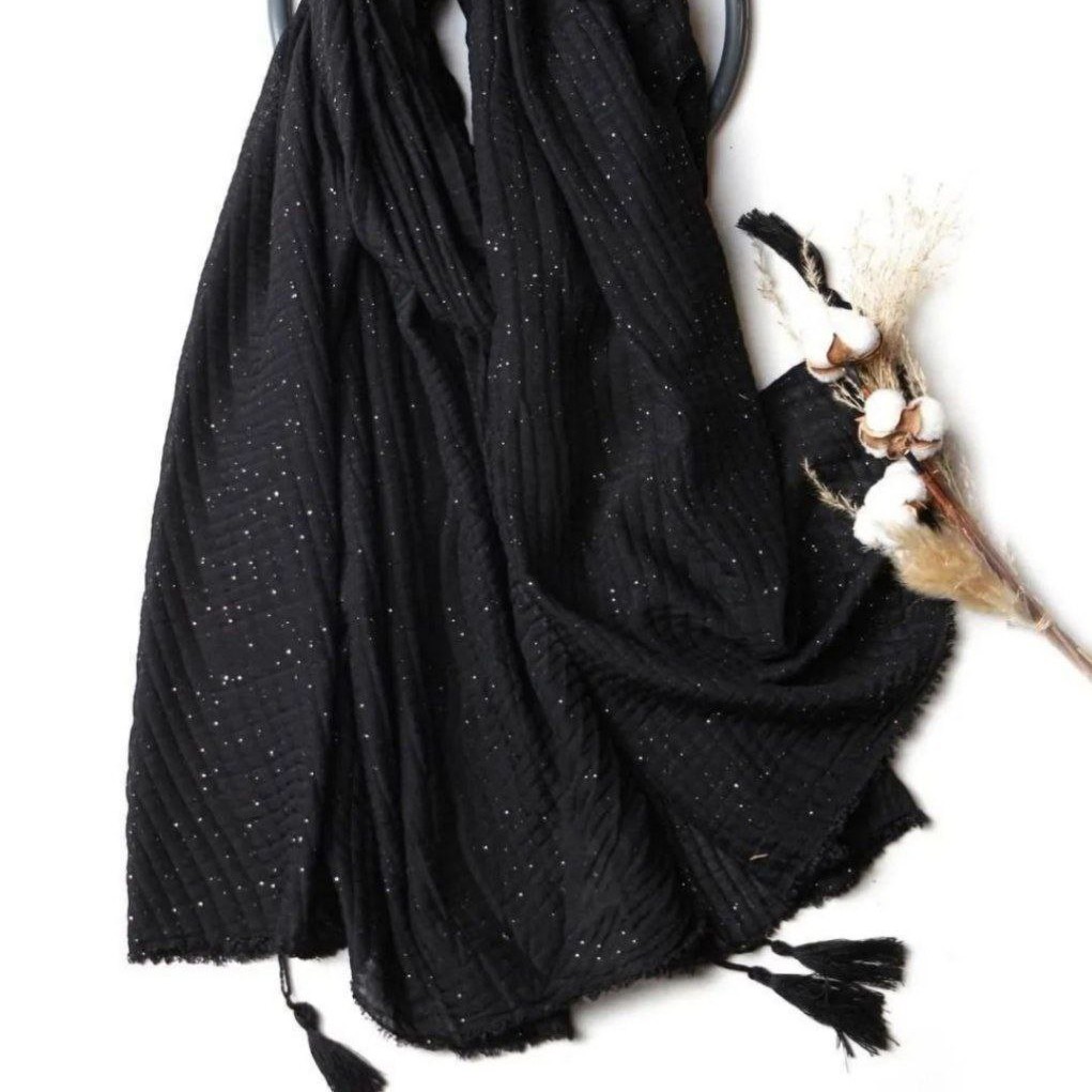 کد hez873 شال پلیسه نخی سوپر اکلیلی منگوله دار ابعاد 200 در 80 کیفیت عالی سبک و خنک 