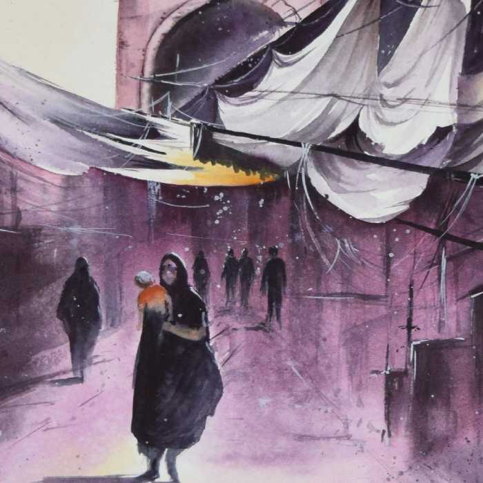 نقاشی آبرنگ طرح خیابان  کد 034