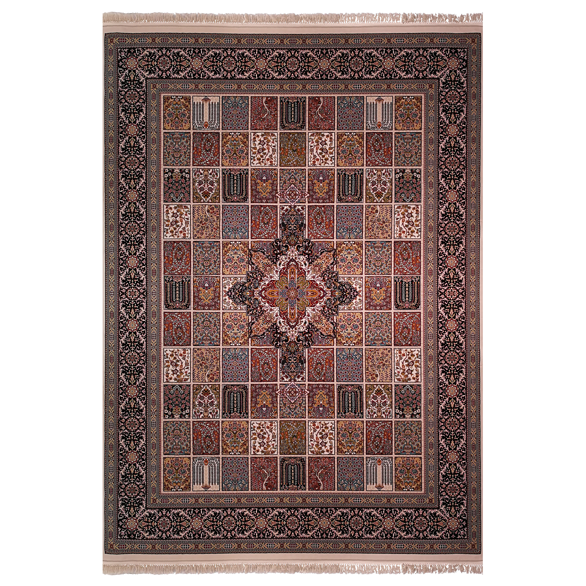 فرش ماشینی زمرد مشهد طرح خشتی مدل ترنج زمینه کرم