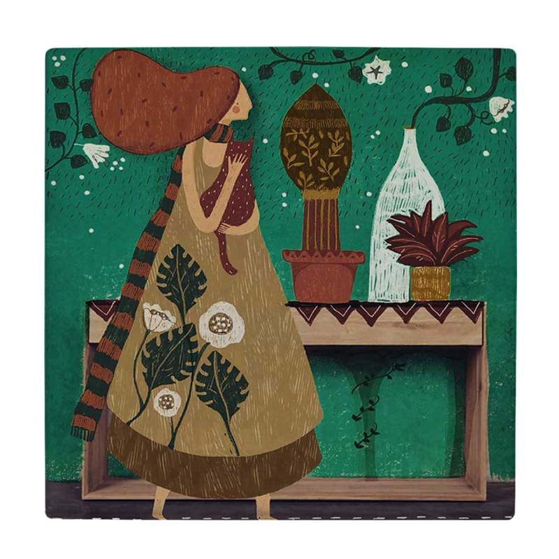 کاشی طرح بانو و گربه مدل لوحی BDT205