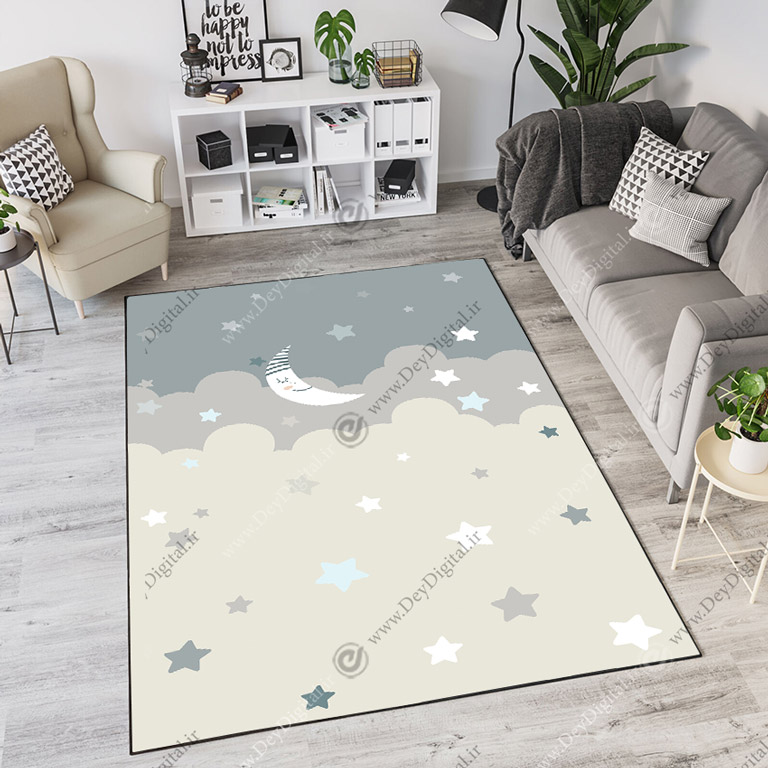 فرش چاپی طرح کودکانه ماه و ستاره و ابر CS-1124