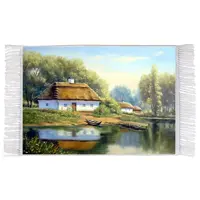 فرش ماشینی اطلس آبی طرح نقاشی رئاليسم کلبه و رودخانه و قایق و جنگل مدل T1009 