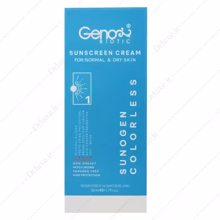 کرم ضد آفتاب SPF50 پوست خشک بدون رنگ ژنوبایوتیک 50 میلی لیتر