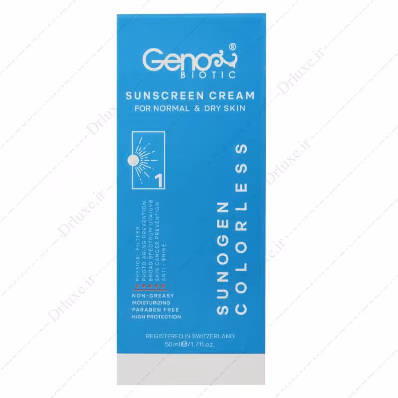 کرم ضد آفتاب SPF50 پوست خشک بدون رنگ ژنوبایوتیک 50 میلی لیتر