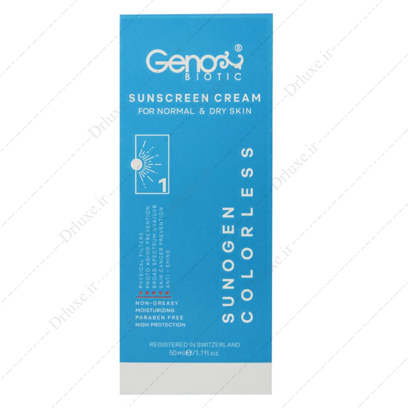 کرم ضد آفتاب SPF50 پوست خشک بدون رنگ ژنوبایوتیک 50 میلی لیتر