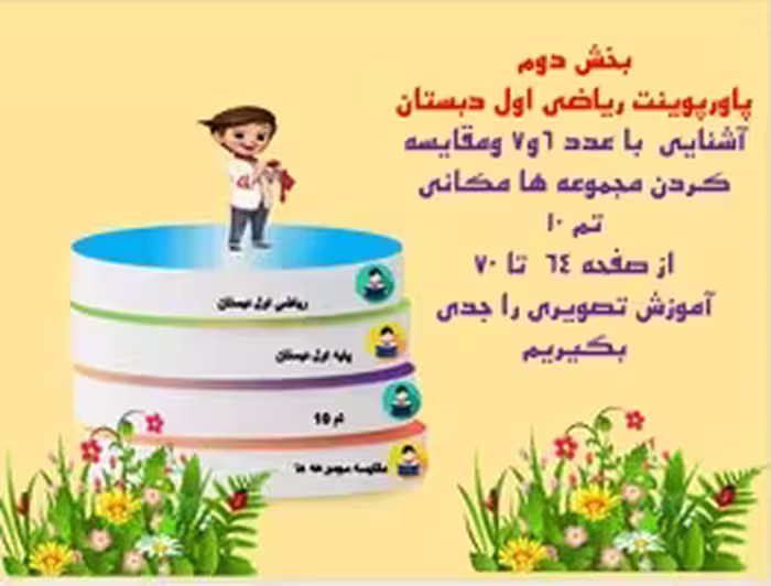 پاورپوینت ریاضی اول دبستان  آشنایی  با عدد 6و7 ومقایسه کردن مجموعه ها مکانی  تم 10 از صفحه 64  تا 70