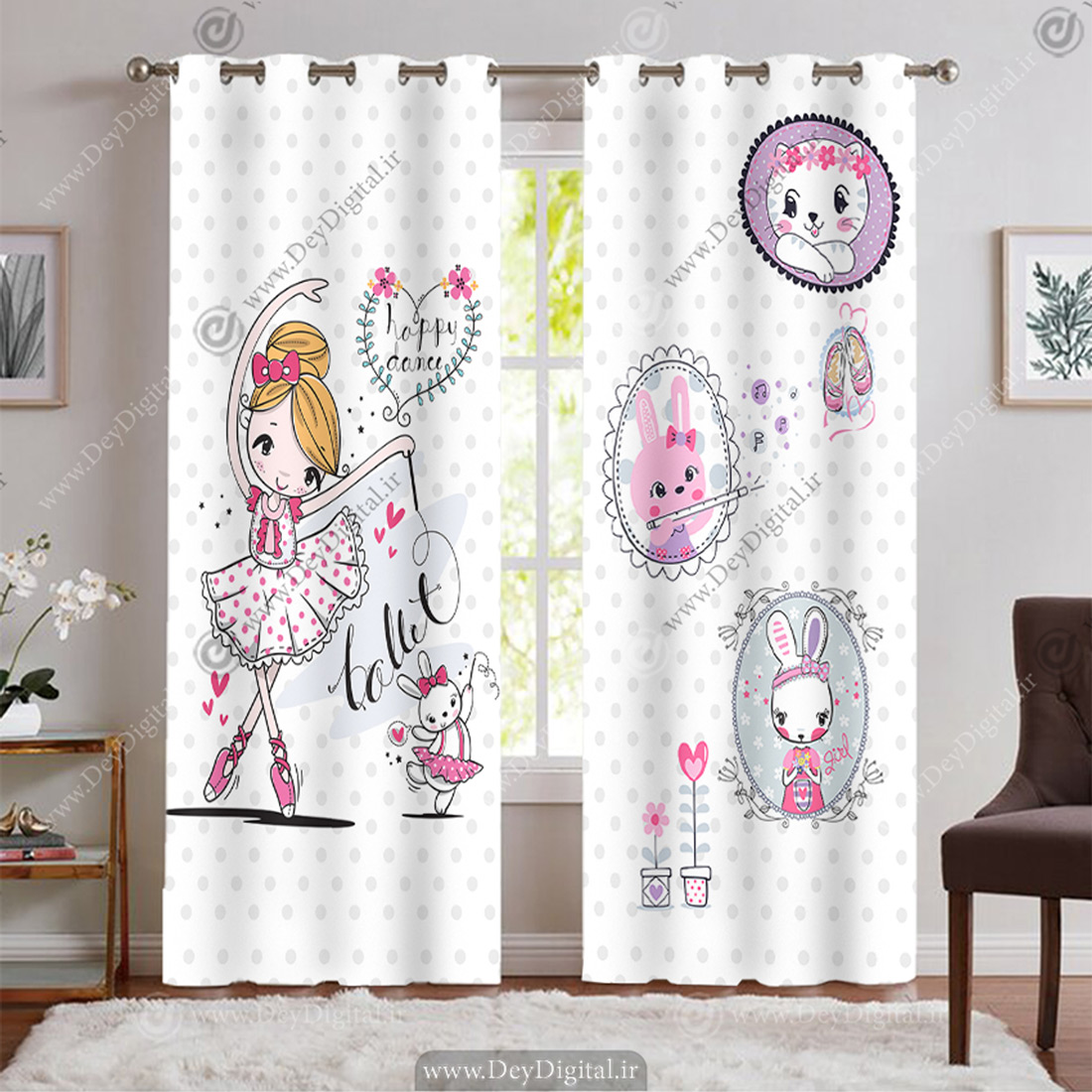 پرده سه بعدی پرنسس کوچولو با زمینه خال خالی و خرگوش عروسکی BA-9412