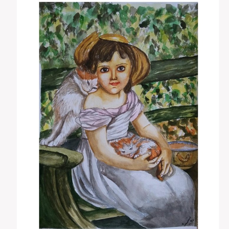 نقاشی آبرنگ دختر بچه با گربه