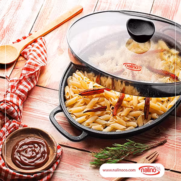 گارانتی اصلی نالینو   تابه چدن بیضی نالینو مدل Angle آنجل (با درب شیشه)