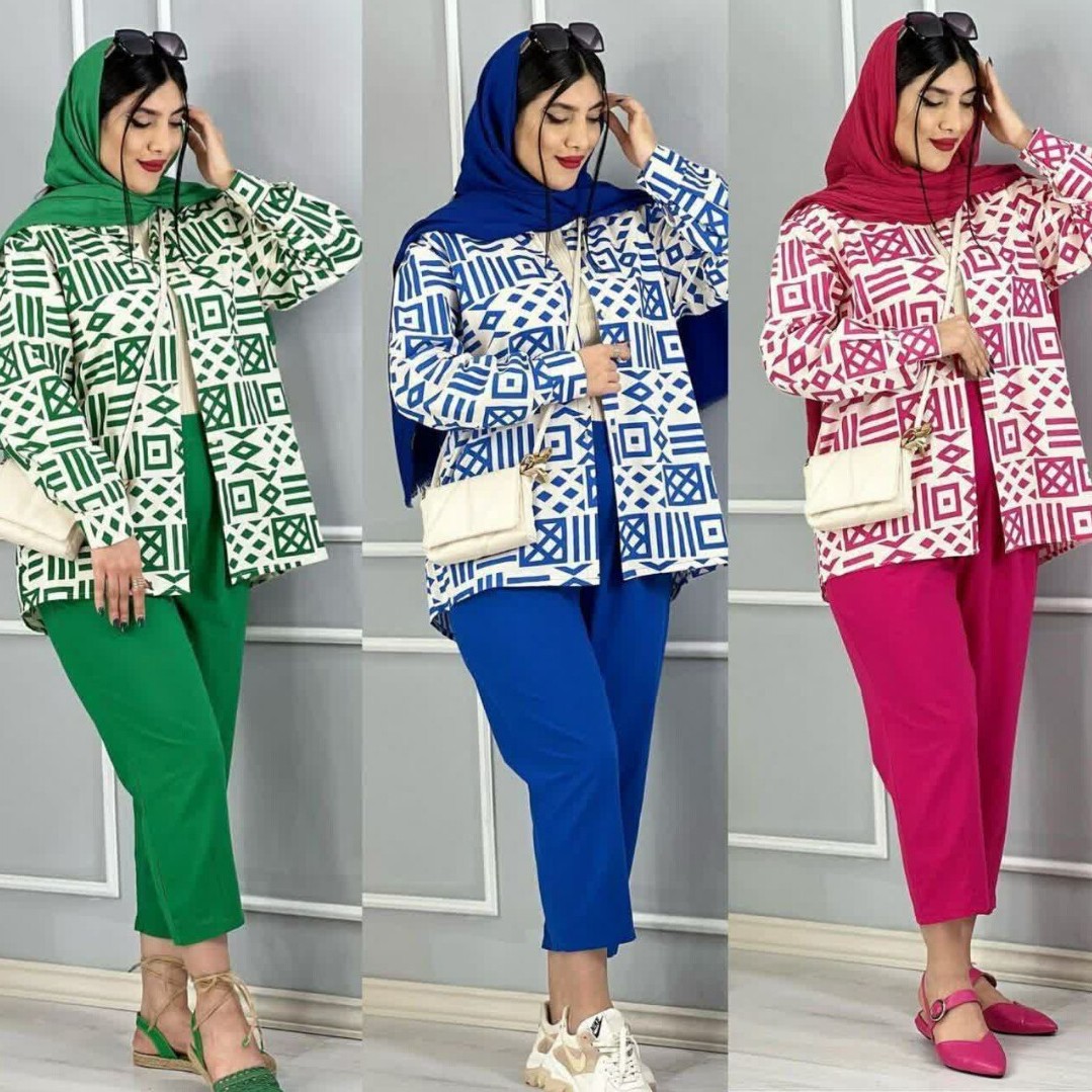ست مانتو شلوار شومیز پیراهن و مانتو یقه کتی زنانه سرخابی سبز آبی سفید ارسال رایگان