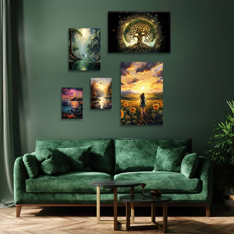 تابلو شاسی دنیای قابطرح نقاشی منظره پاییزی و طبیعت مدل SH-1251 مجموعه 5 عددی | دنیای قاب