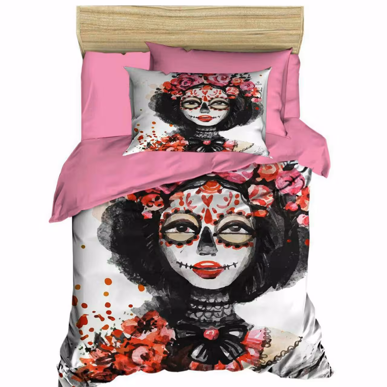 سرویس کاور لحاف ژوان ژوزه سری ساتن نخ طرح Sugar Skull یک نفره 4 تکه