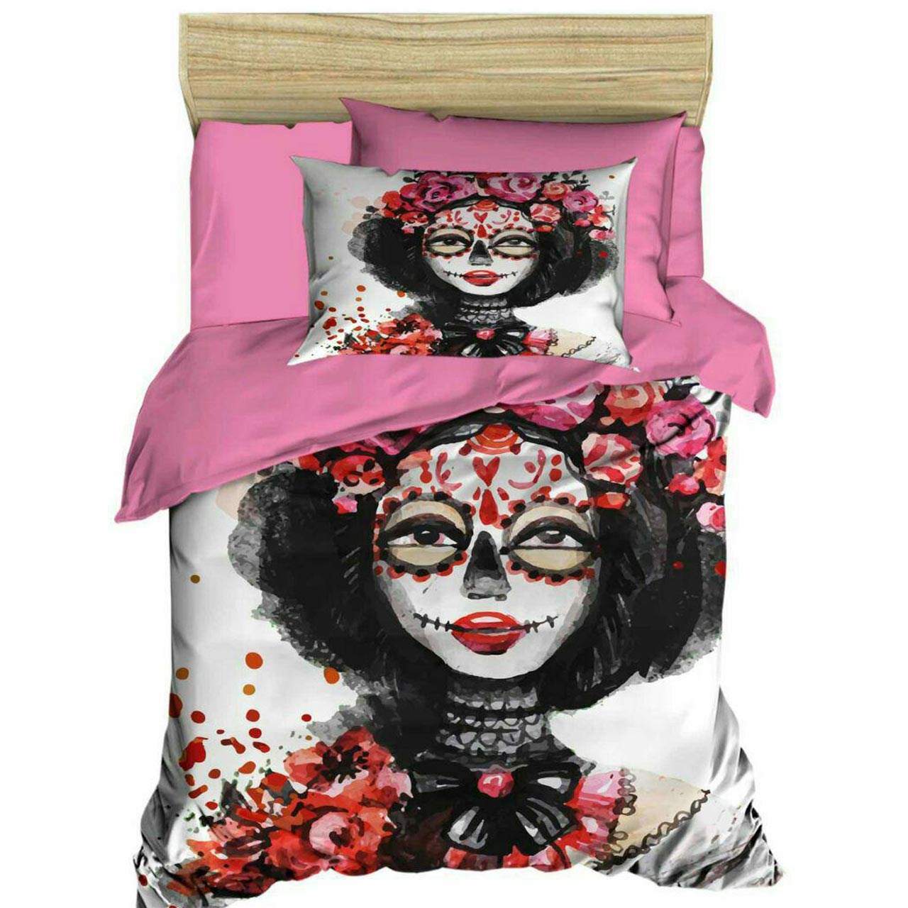 سرویس کاور لحاف ژوان ژوزه سری ساتن نخ طرح Sugar Skull یک نفره 4 تکه