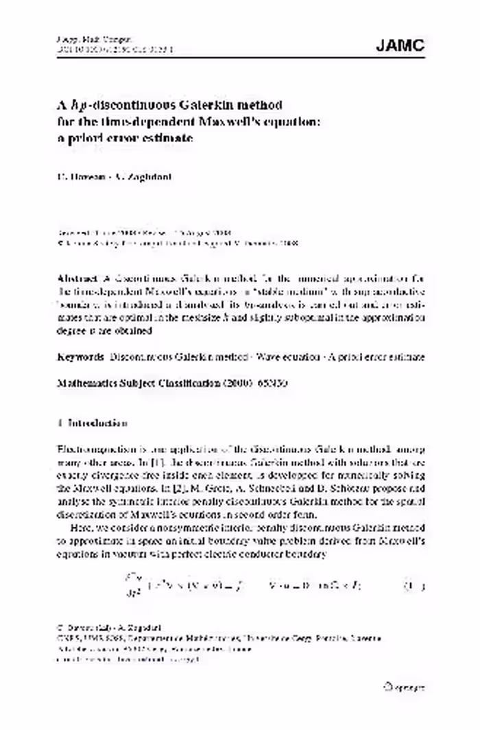 خرید و دانلود نسخه کامل کتاب A hp-discontinuous Galerkin method for the time-dependent Maxwell’s equation: a priori error estimate