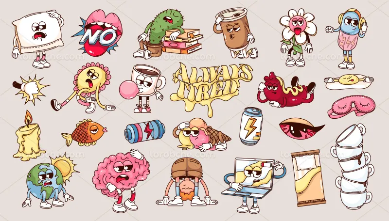 وکتور طرح کاراکترهای فانتزی با مفهوم خستگی | گرافیک با طعم تربچه