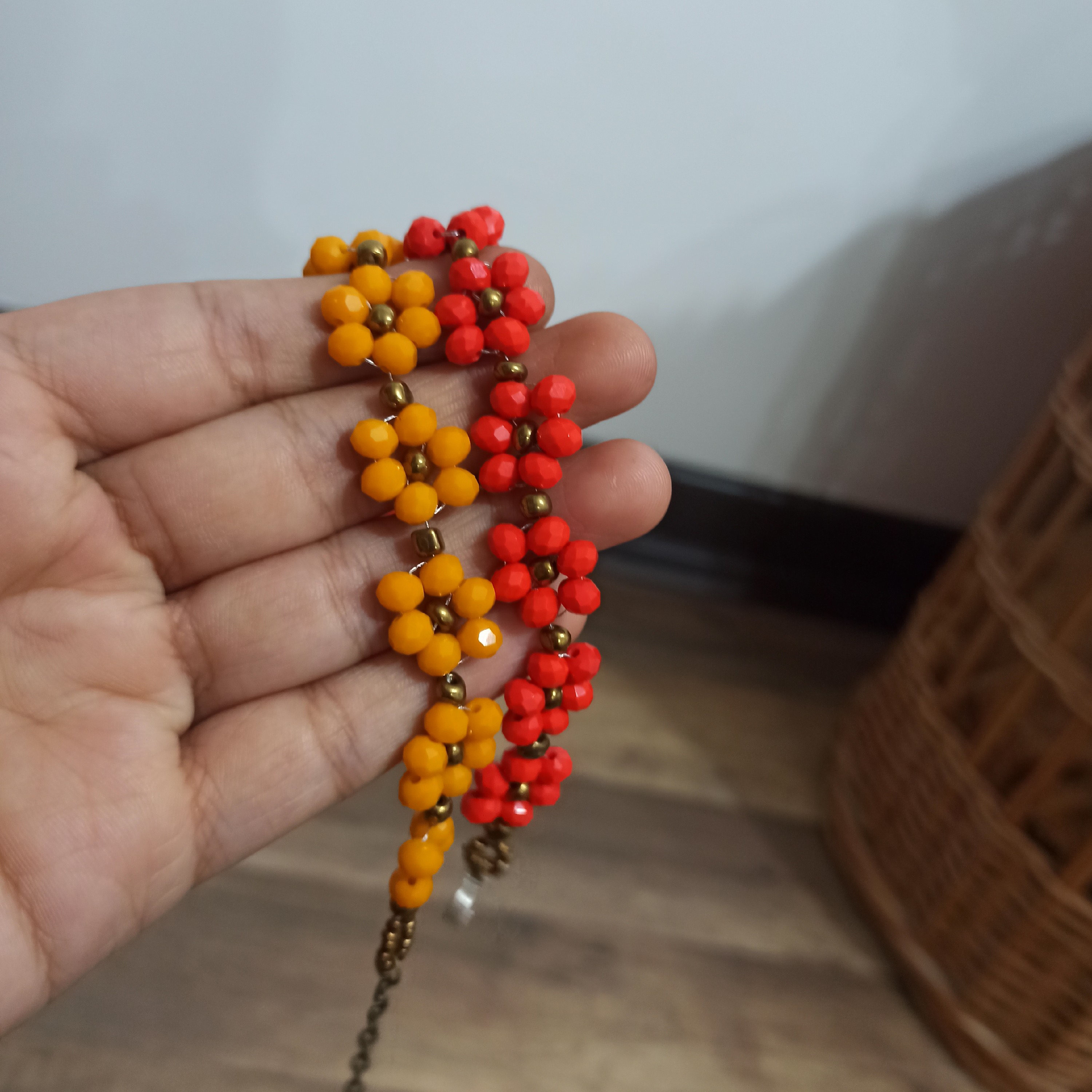 دستبند مروارید کریستال زرد و نارنجی مخملی