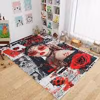 فرش چاپی طرح دخترانه گنگ با تم سفید مشکی و قرمز HQ-3280