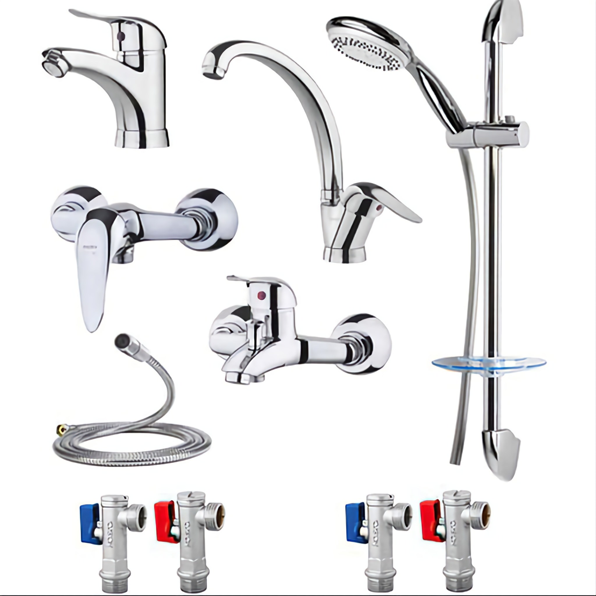 ست 6 تیکه شیرآلات کروم دسته اردکی با یونیکا کروم و شلنگ توالت به همراه 4 تا شیر 